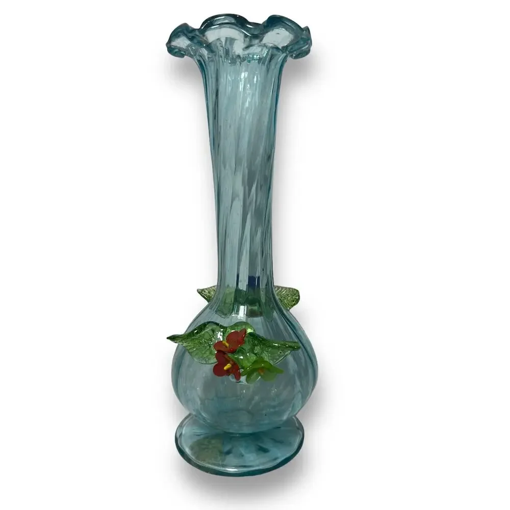Vintage 40s Venetian Blue Blown Art Glass Vase Footed Bud 8 Inch Murano Italy